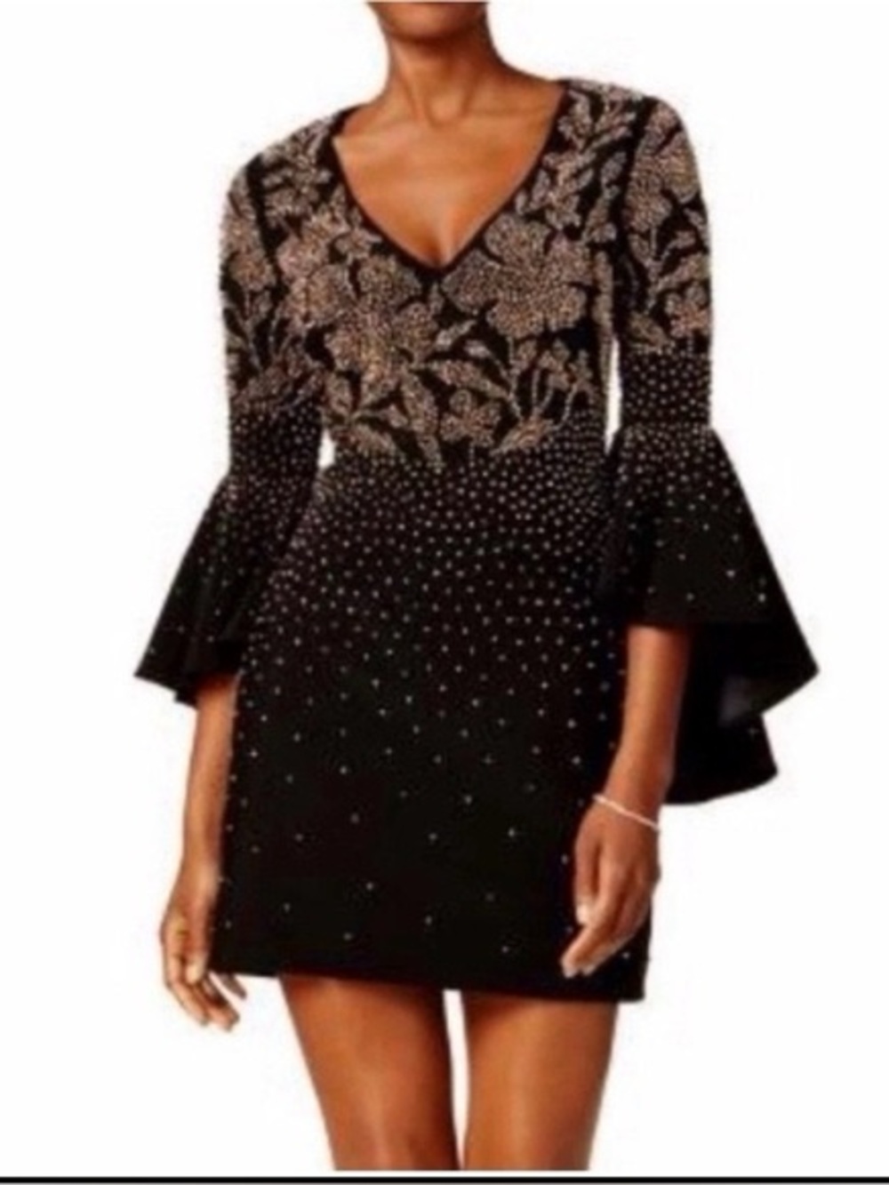 Betsy & Adam Black Gold Beaded Bell Sleeve Cocktail Dress Size 8 EUC